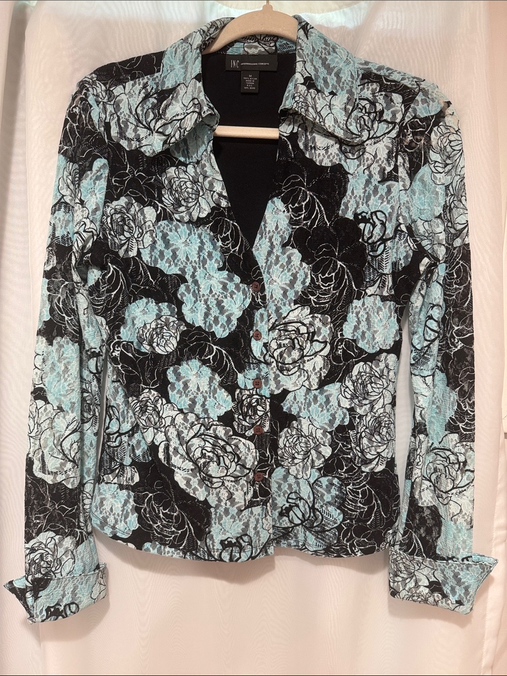 INC International Concepts Black and Light Blue Floral Button-Front Blouse